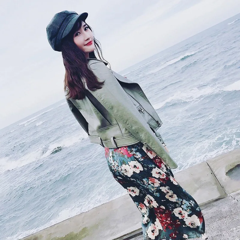 Горчичная Зеленая кожаная куртка для женщин тонкий отложной воротник короткая мотоциклетная байкерская куртка на молнии женские тренчи из искусственной кожи