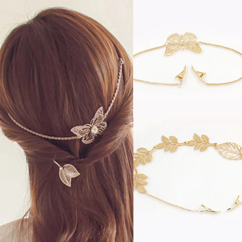 

Gold Metal Leaf Butterfly Hairgrip Gold Chain Jewelry Wedding Hairpins Headband Bride Hair Clips Hair Accessories hair stick