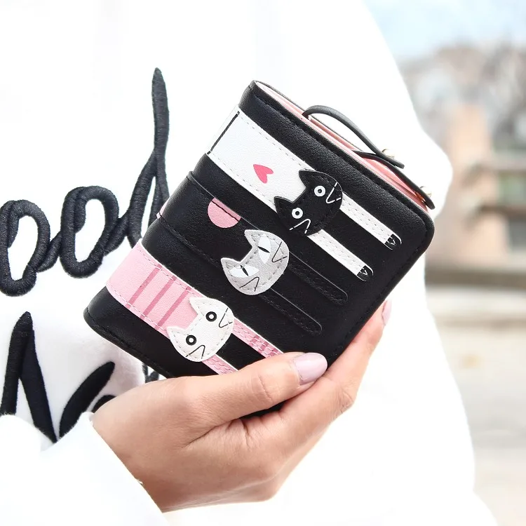 Short black Лидер продаж! Модный женский кошелек с кошкой, длинный короткий кошелек с рисунком, Женский держатель для карт, Дамский клатч, кошелек для монет, Женский кошелек на молнии - Цвет: Short black