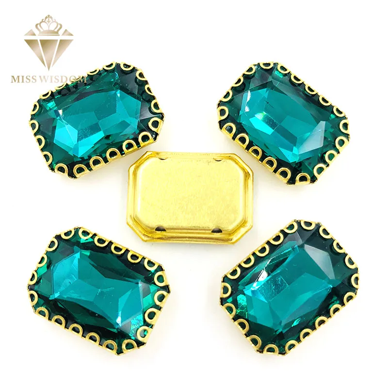 

8X10/10X14/13x18mm sew on rhinestones Malachite green Rectangle gold base with hole glass crystal rhinestones Diy accessories