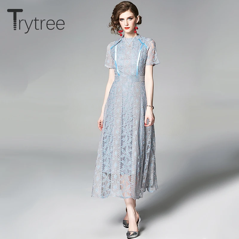 Trytree летнее Повседневное платье из полиэстера с кружевным цветочным принтом и стоячим воротником женские платья до середины икры трапециевидной формы однотонное 2 цвета офисное женское платье