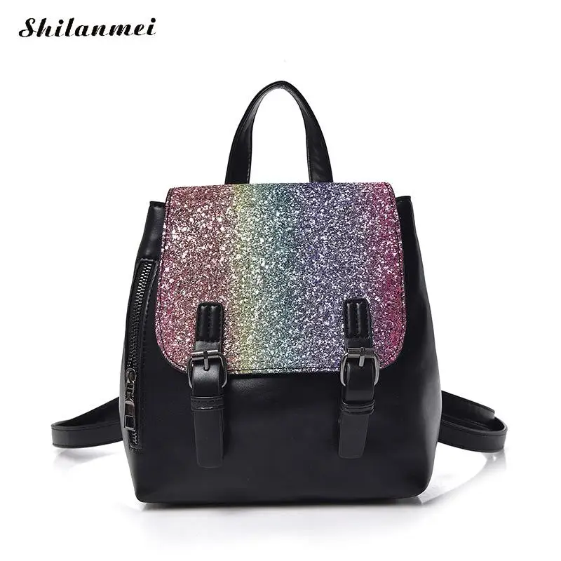 black Модные рюкзаки большой вместимости Mochila Feminina рюкзак из искусственной кожи женские Золотые Школьные сумки с блестками розовый черный женская сумка - Цвет: black
