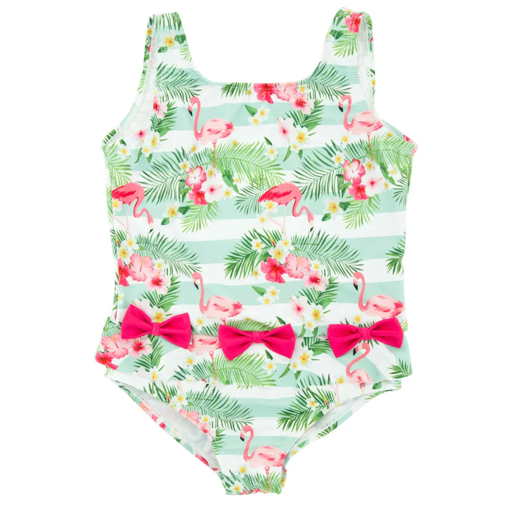 Одежда для купания с фламинго для маленьких девочек цельные купальники с бантом и открытой спиной купальный детский купальный костюм Защита от солнца для младенцев