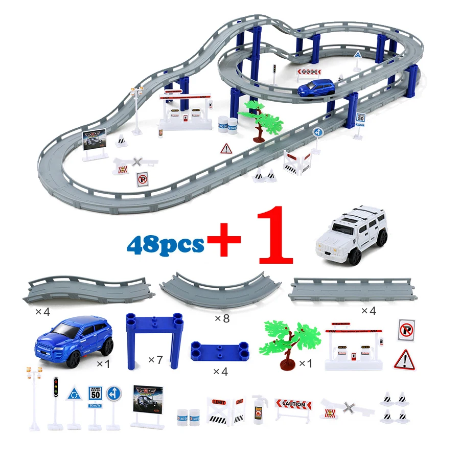 DIY multi-track Rail автомобильный Строительный блок Набор железнодорожных поездов, спиральный трек горки электрические автомобильные развивающие сборочные игрушки - Цвет: 48 pcs with 2 cars