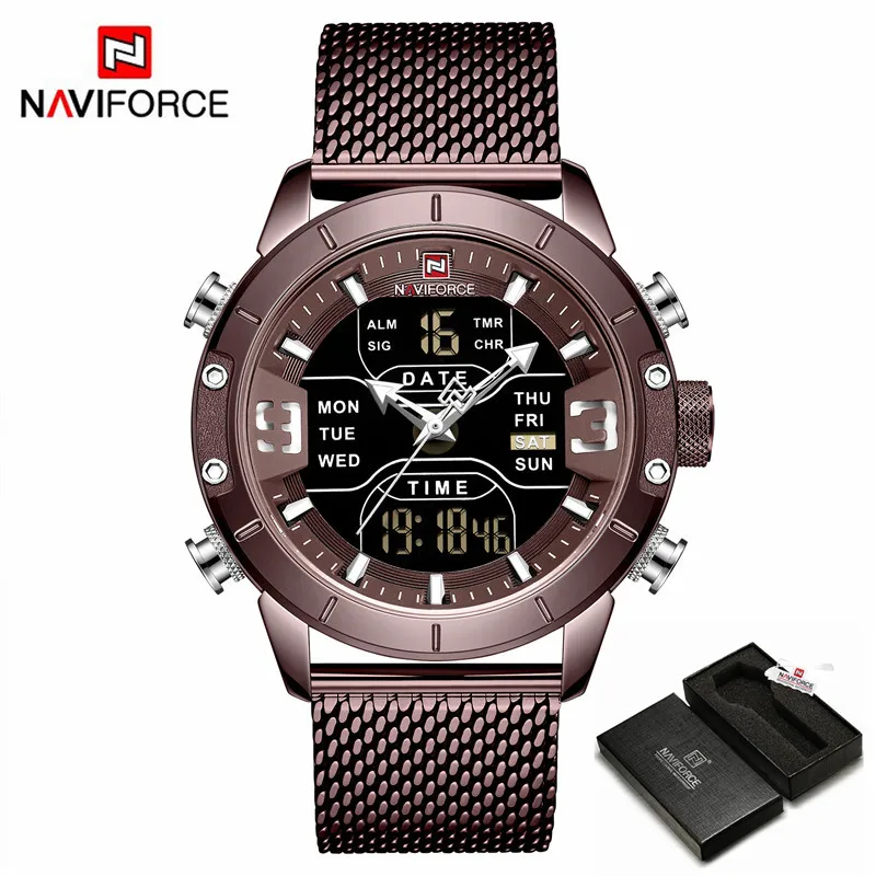 Coffee with Box NAVIFORCE часы мужские люксовый бренд Мужские кварцевые спортивные военные часы цифровые повседневные Электронные Водонепроницаемые часы Relogio Masculino - Цвет: Coffee with Box