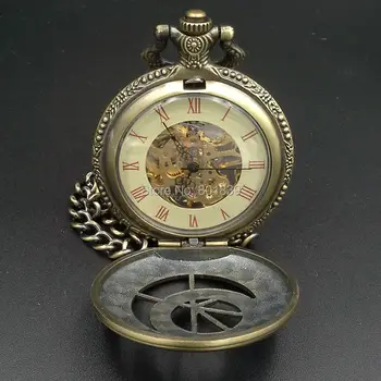 

Luxury Bronze Tone Men's Skeleton Engraved Hand Wind Mechanical Pocket Watch W/ Chain New Nice Gift Wholesale Price H204