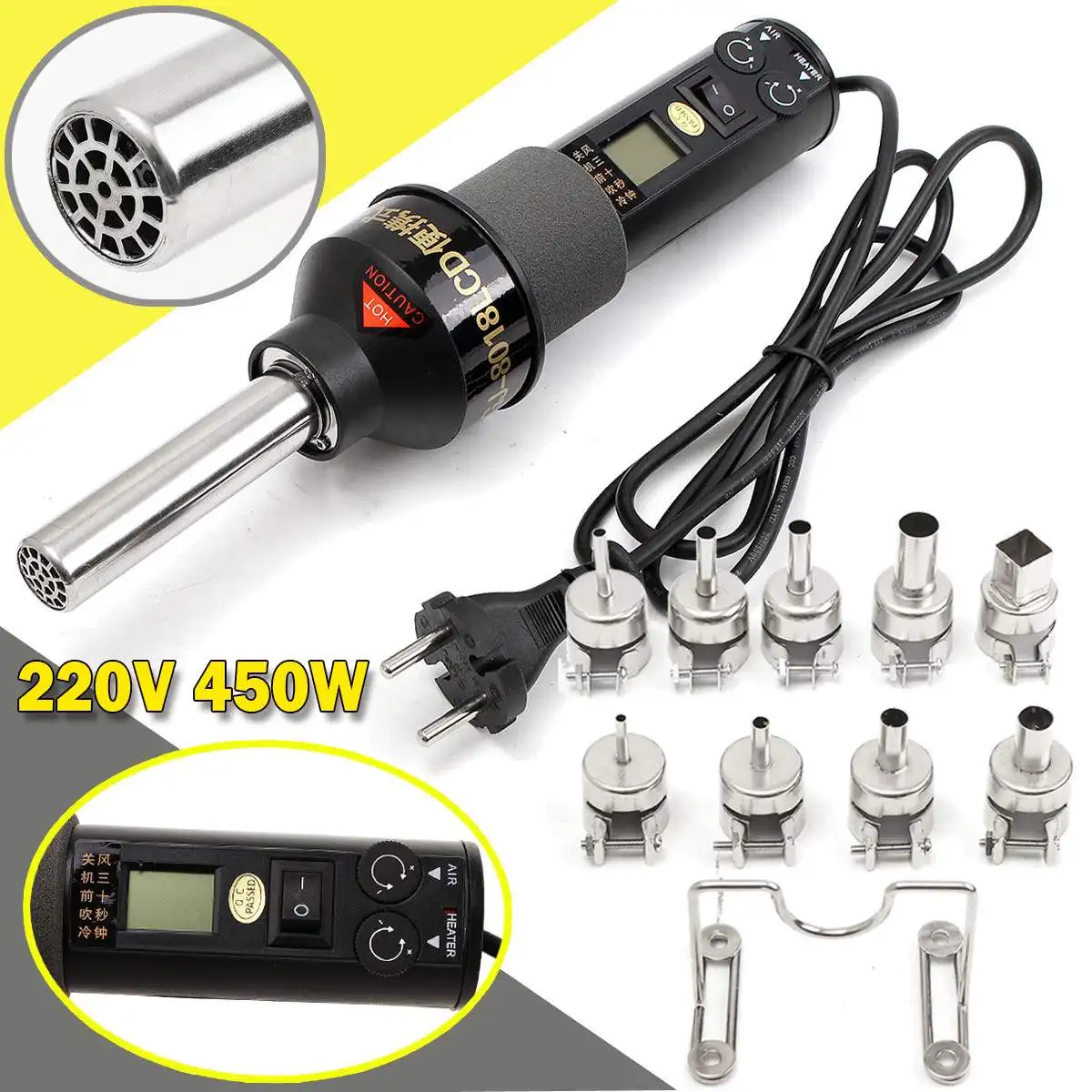 

NEW 450W 220V LCD Display Electronic Hot Air Heat Soldering Station + 9 Nozzles Adjustable Electronic Soldering