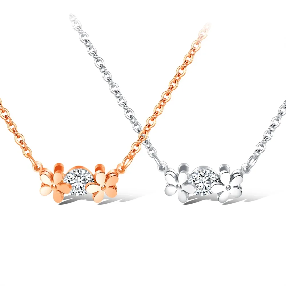 Fashion two cute FLOWER inlay CZ Stainless Steel Pendant Necklace For women Rose Gold Color trendy Charm Jewelry Gift | Украшения и