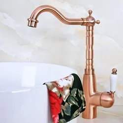 Antique Red Copper Brass Single Ceramic Handle Bathroom Kitchen Basin Sink Faucet Mixer Tap Swivel Spout Deck Mounted mnf637