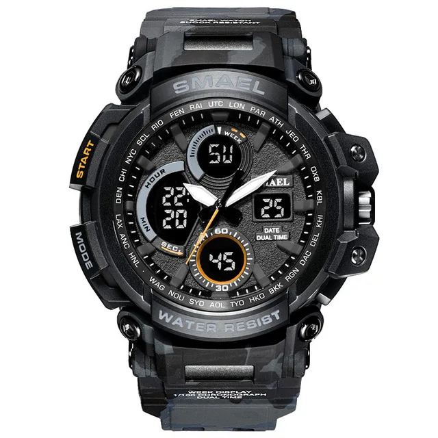 SMAEL мужские спортивные часы Камуфляж Военная Униформа кварцевые часы для мужчин водостойкие Модные двойной дисплей цифровые часы Relogio Masculino - Цвет: Черный