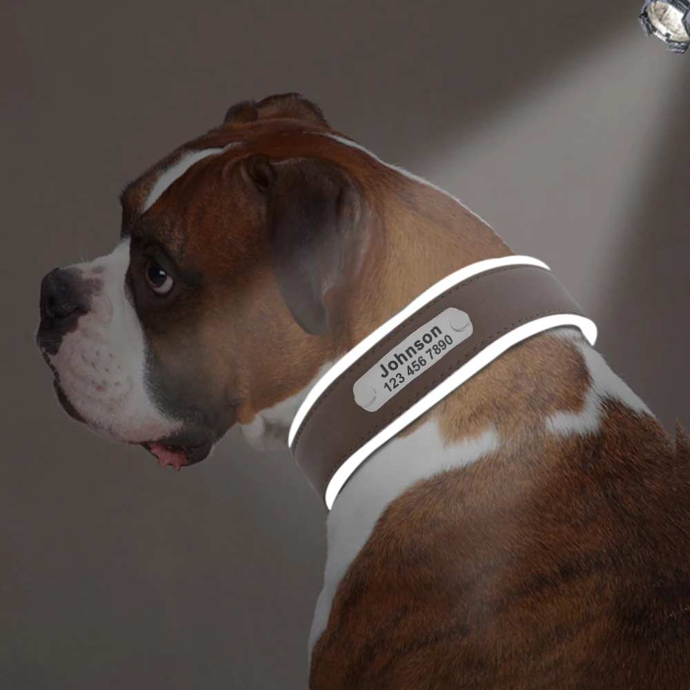 Leather Dog Collar For Large Dogs Reflective Personalized Pet ID Collars Nameplate For Medium Large Pitbull Bulldog Labrador