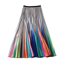 Женские радужные юбки, полосатые, с лазерным принтом, европейские, летние, с принтом, высокая талия, а-силуэт, большие, свободные, плиссированные, миди юбки для женщин, SP528