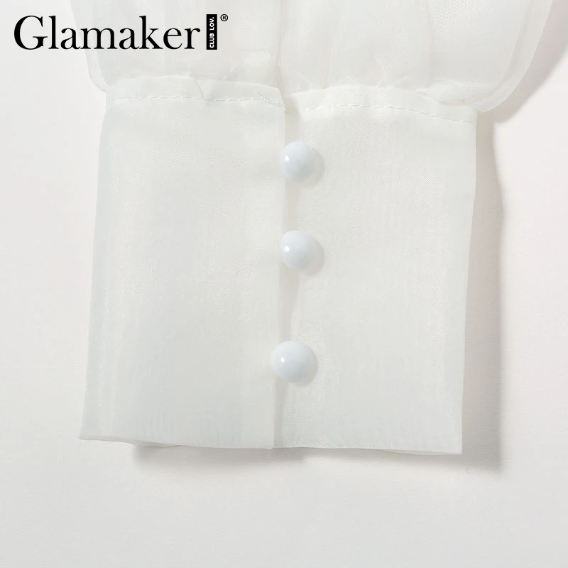 Glamaker белая сексуальная прозрачная блузка с галстуком-бабочкой женская рубашка с пышными рукавами летняя уличная рубашка Топ женская элегантная сетчатая блузка