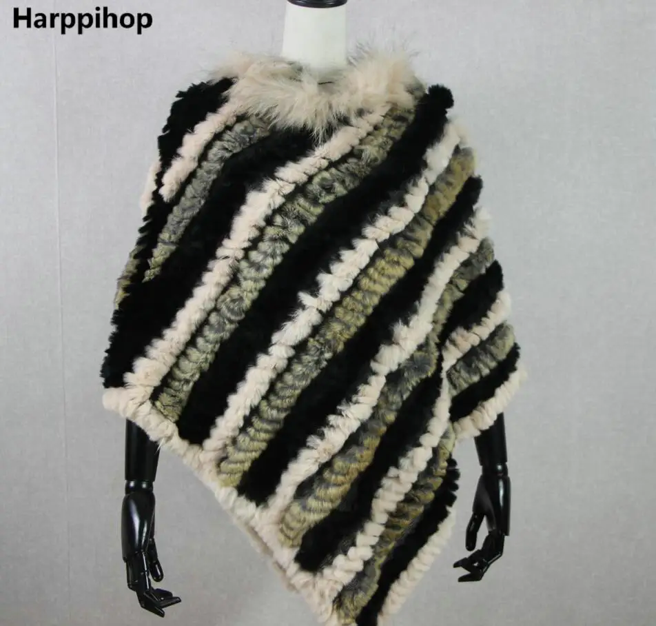 HARPPIHOP* Вязаная Шаль из натурального кроличьего меха, меховое пончо из меха енота, накидка из кроличьего меха и енота, Вязаное пончо из меха