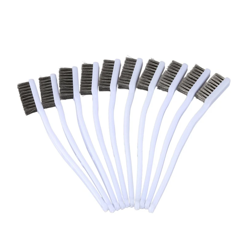 18cm Long White Plastic Handle Stainless Steel Wire Clean Brush 10 Pcs