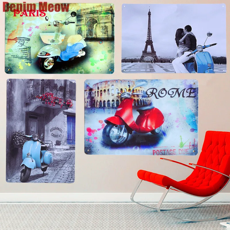 

Motorcycle Plaque Vintage Metal Tin Signs Bar Pub Decorative Plates Vespa Wall Stickers Rome Paris Iron Poster Home Decor MN33