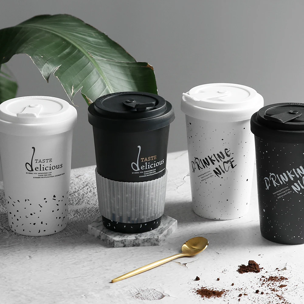 

Creative Ceramics Mugs Black White Letter Pattern Silicone Lid Milk Coffee Tea Portable Cups Household Office Drinkware 450ML