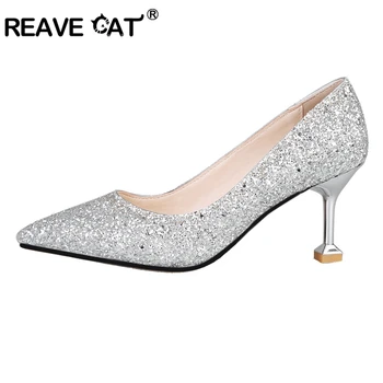 

REAVE CAT Shoes women High heels Ladies pumps Wedding shoes Pointed toe Sequined cloth Glitter Shallow Fashion Casual Cool A1554