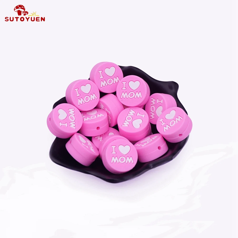Pink 5 шт. силиконовые бусины 20 мм, плоские круглые I Love Mom Жевательная для прорезывания зубов бусы ожерелье еда класс кормящих ювелирных изделий игрушки Детский Прорезыватель - Цвет: Pink