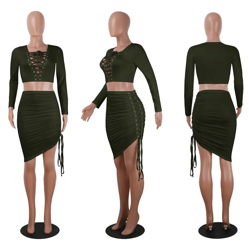 ADEWEL 2017 Autumn Women Bandage Lace Up Two Piece Set Mini Dress Sexy Bodycon Long Sleeve Crop Top &  Irregular Club Dress Sets (6)