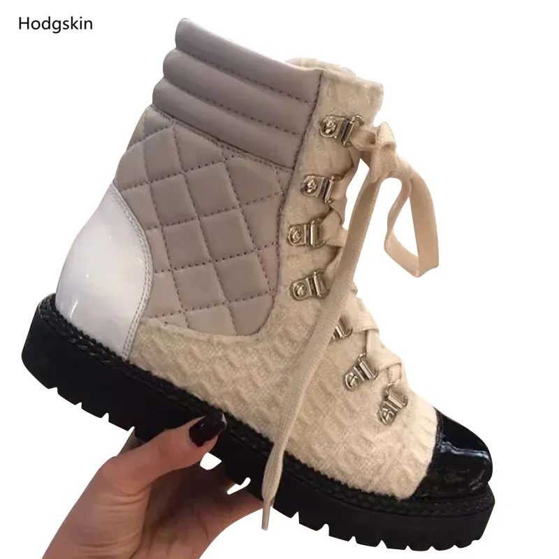 

Beige Tweed And Leather Runways Fashion Shoes Woman Round Toe Women Flats Lace Up 2018 Fall Winter Flatforms Women Boots