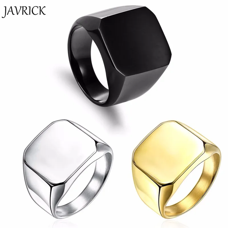 Fashion Rings Square Big Width Signet Rings 24K Titanium Steel man Finger Silver Black Gold Men Ring Jewelry anel New