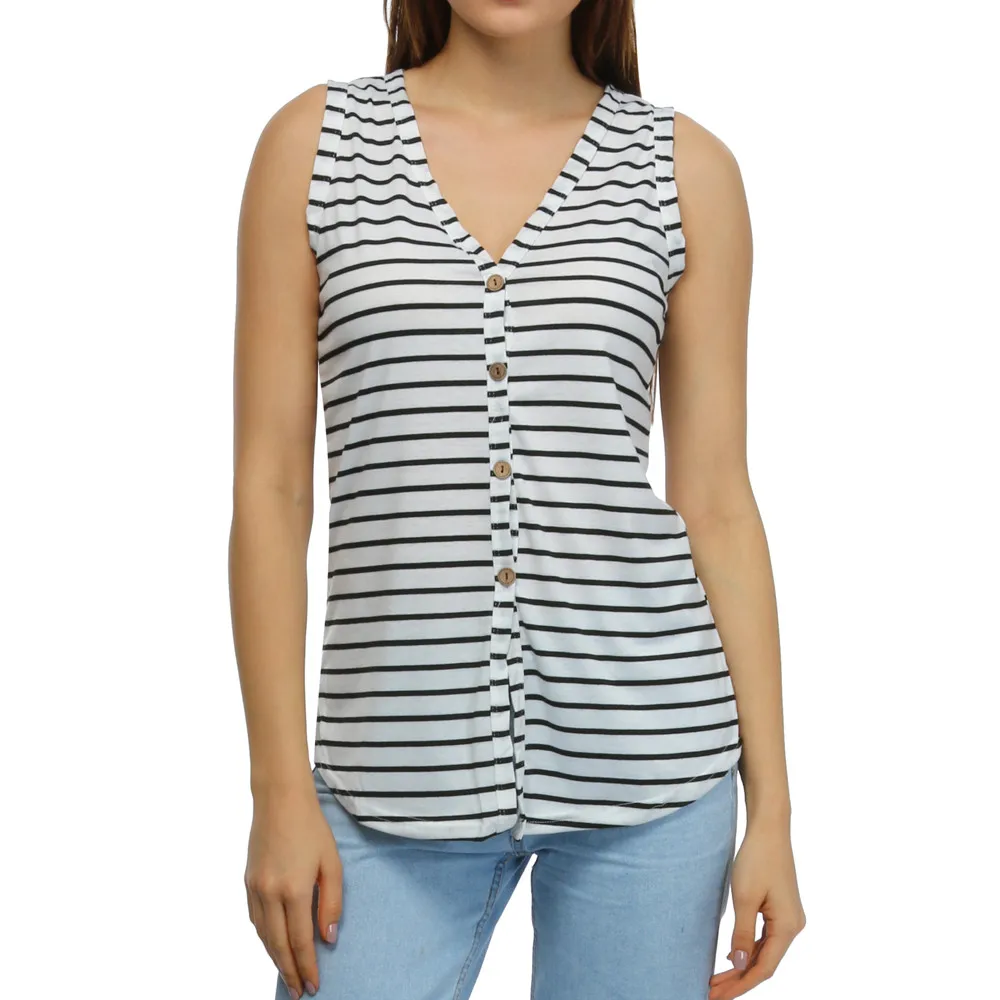 

Crop Top Women V-Neck Button Stripe Tank Tops Cotton Sexy Vest Sleeveless Cropped Feminino Camisole 18JUL30