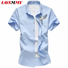 LONMMY 6XL 7XL мужская рубашка с вышивкой птицы короткий рукав блузки платье рубашки мужская одежда slim fit camisa social Повседневная Новинка