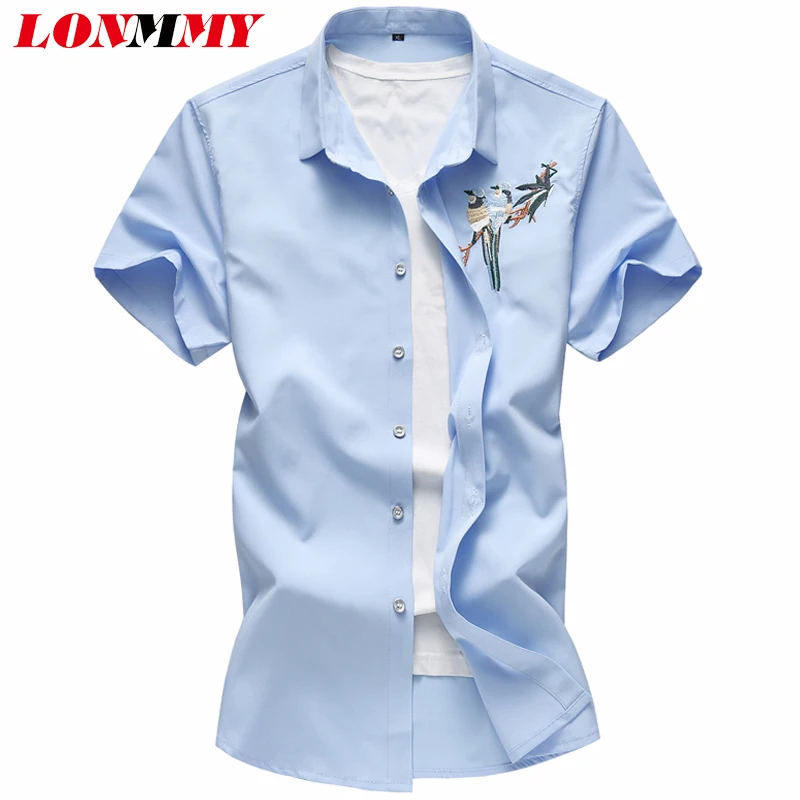 Мужская рубашка LONMMY 6XL 7XL с вышивкой птицы короткий рукав рубашки одежда