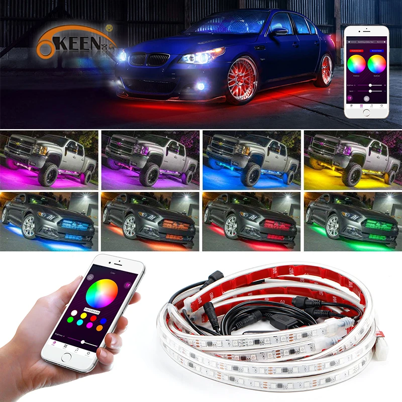 

OKEEN Phone App Control 60/150cm Car RGB LED Strip LED Under Car Glow Underbody System Neon Light Waterproof Auto Car Styling