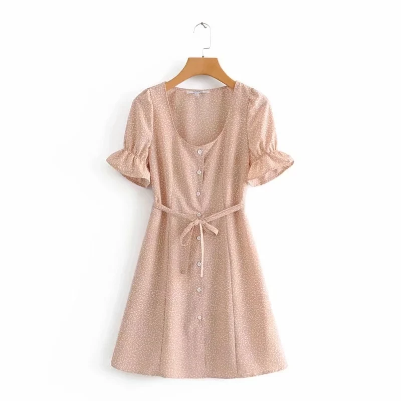 short pink Винтажное белое платье в горошек на пуговицах, женское летнее пляжное платье, корейское длинное платье с v-образным вырезом, повседневные женские платья, vestidos - Цвет: short pink