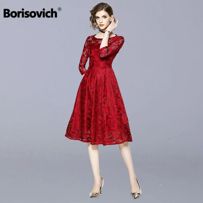 

Borisovich Women Casual Lace Dress New 2018 Autumn Fashion Big Swing A-line Elegant Ladies Party Long Dresses Plus Size N140
