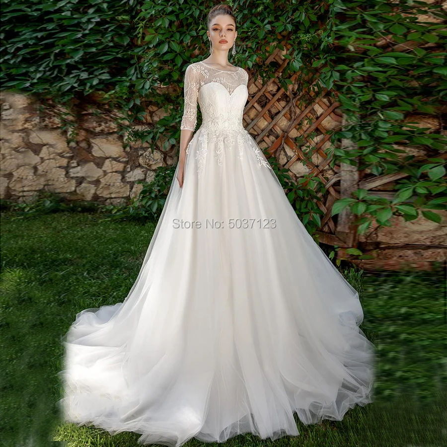 Robe De Mariee, три четверти, трапециевидные тюлевые Свадебные платья с круглым вырезом, кружевной аппликацией, пуговицами, iIlusion Vestido De Noiva