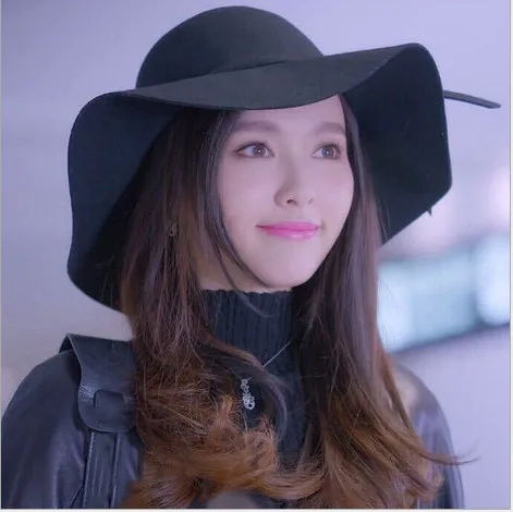 

High quality pure wool caps fedoras beach floppy wide brim sun hat foldable with tie for women autumn&winter hat AA0001