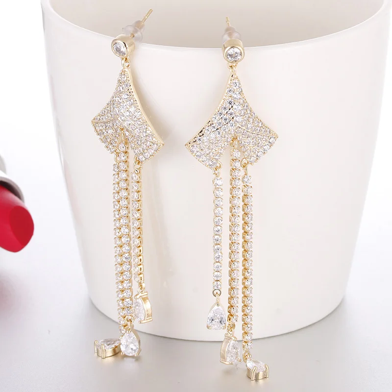 Yellow Gold Elegnat кисточкой Свадебные серьги для женщин индийские ювелирные изделия AAA воды циркониевая капля Свадебные Длинные бахрома серьги kupe AE554 - Окраска металла: Yellow Gold