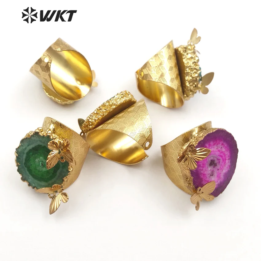 WT-R324 WKT Красочный Природный Сталактит кварцевые кольца с милой бабочкой Шарм покрытием романтический стиль для женщин ювелирные изделия подарок