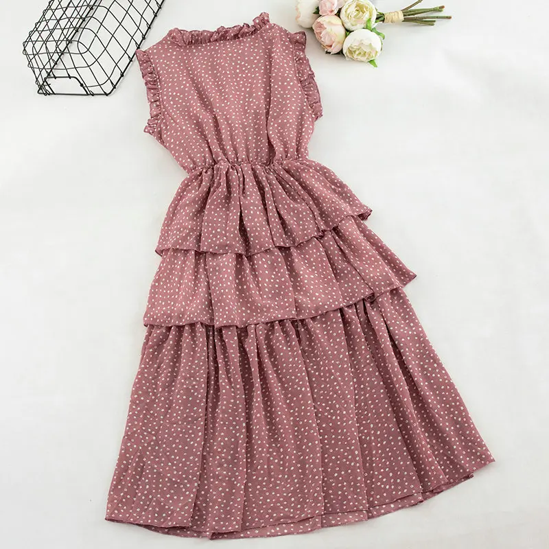 Women Dress HISUMA женское летнее шифоновое платье в горошек без рукавов с круглым вырезом и оборками, Повседневный пуловер, эластичное тонкое многослойное платье с высокой талией - Цвет: Women Dress