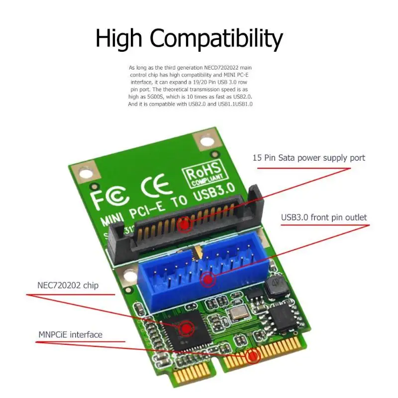 Мини Pci-E к Usb3.0 адаптер карты мини Pcie To19-Pin 20Pin Usb 3,0 карта расширения с 15Pin Sata порты питания для настольных ПК