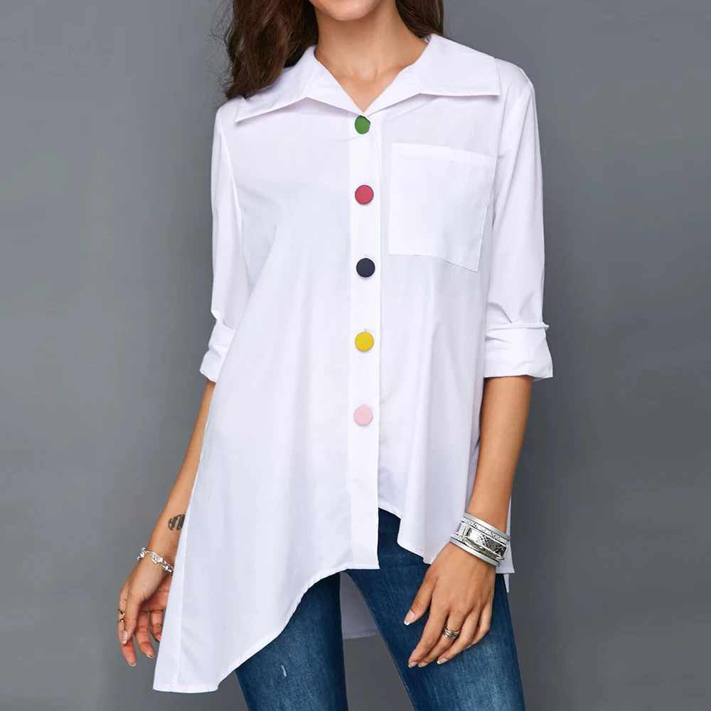 

5XL Plus Size Womens Tops And Blouses Colorful Botton Irregular Tunic Shirts Casual Turn -Down Solid Blusas Mujer De Moda 2019