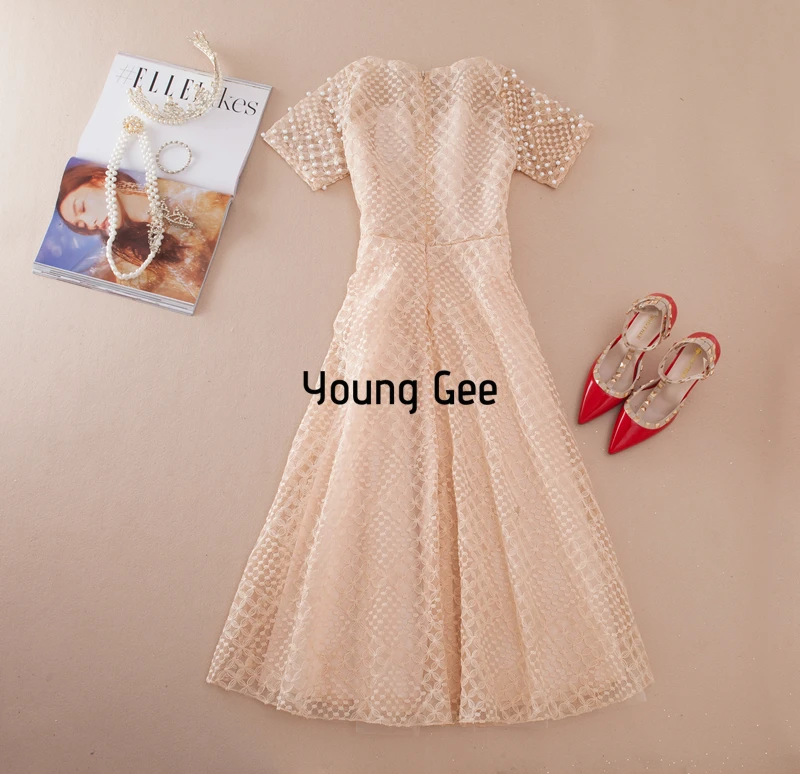 Летние вечерние платья с кружевами белого и розового цвета с жемчужинами и вышивкой, платья Феи средней длины с тонкой талией