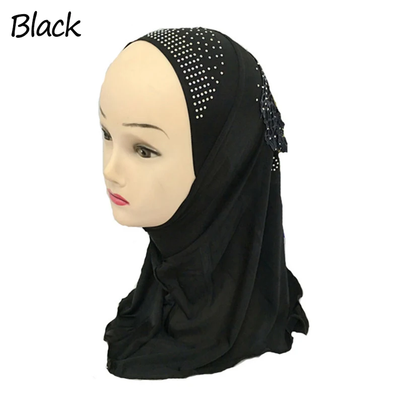 Мусульманские дети девушки красивые кисточки яркое сверло хиджаб исламский шарф шали с красивым сверлом для девочек от 3 до 8 лет - Цвет: Black