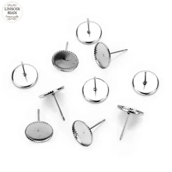 

LINSOIR 50pcs/lot Stainless Steel Stud Earring Blank Base Fit 10 11 mm Settings Silver Ear Post DIY Jewelry Making Findings