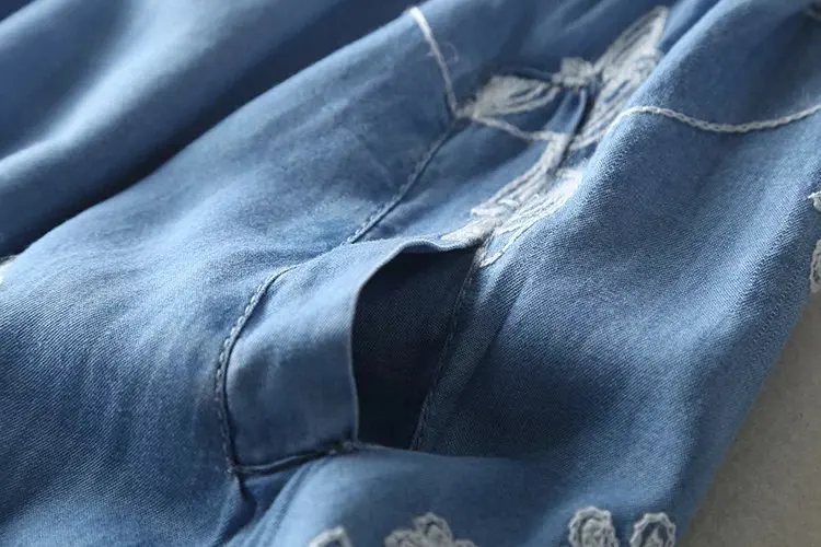 Весеннее женское платье с цветочной вышивкой, мягкое джинсовое платье с отложным воротником, свободное ТРАПЕЦИЕВИДНОЕ миди Повседневное платье, женское платье, Vestidos