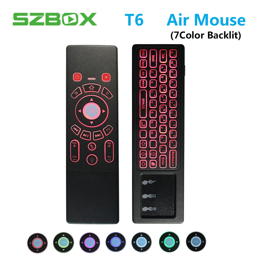 

T6 Air Mouse 2.4G Wireless Keyboard 6-Axis Gyro 7 Color Backlit Remote Control with QWERTY Keyboard for PC Android TV Box Remote