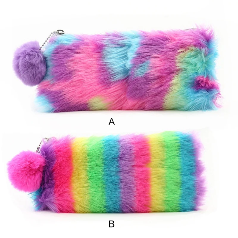

Cute Rainbow Plush Pencil Bag Unique Cosmetic Bag Student Stationery Storage Bag
