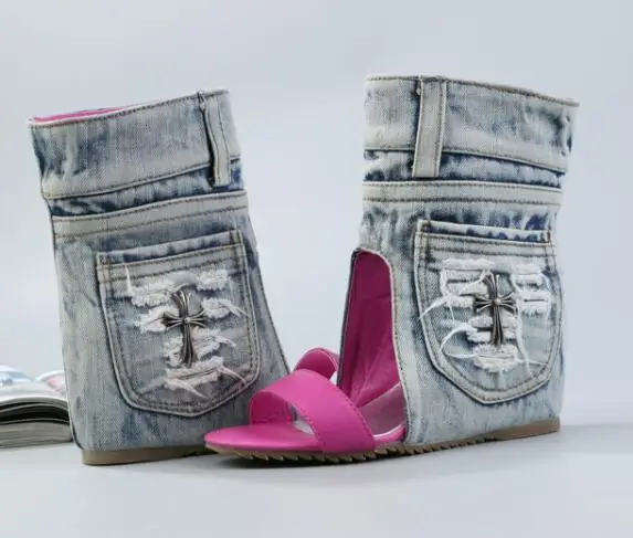 Summer Sexy Open Toe Denim Womens Flat Sandals Jeans Slip On Wedge Casual Shoes size 35-40