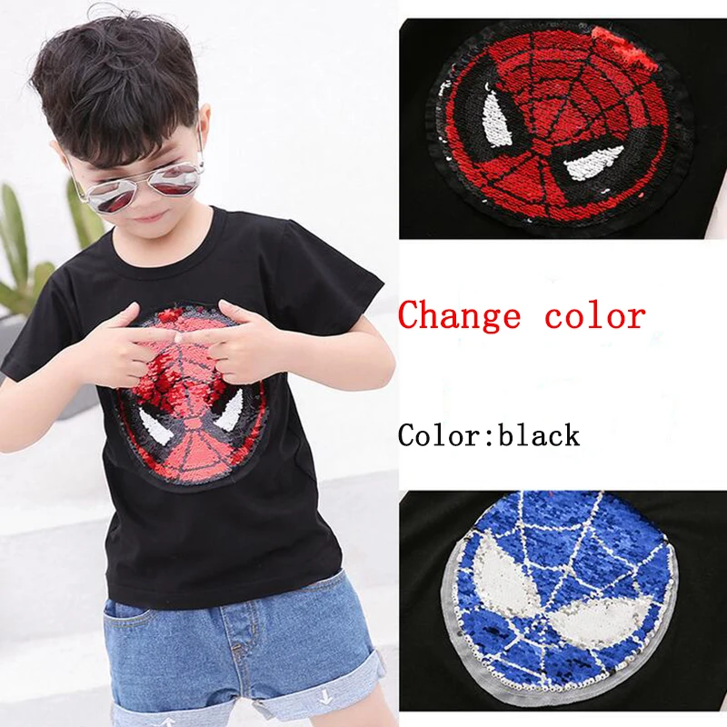 

Kawaii Change color Sequins Discoloration Spiderman Captain America Cotton Summer Tshirts for Children girl boys