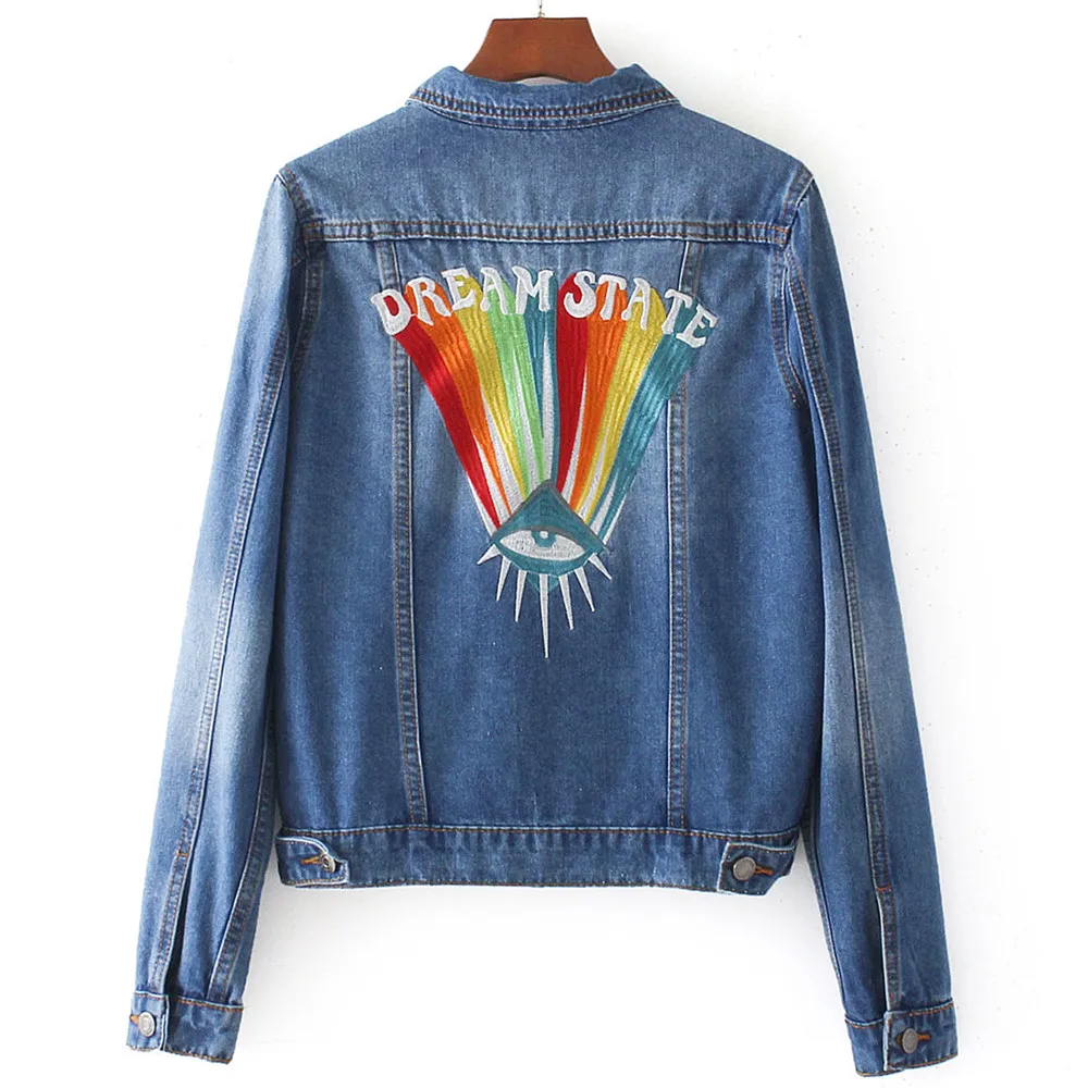 2018 Autumn Winter New Australia Fashion Women Denim Jacket Heavy Embroidery Rainbow Eye High