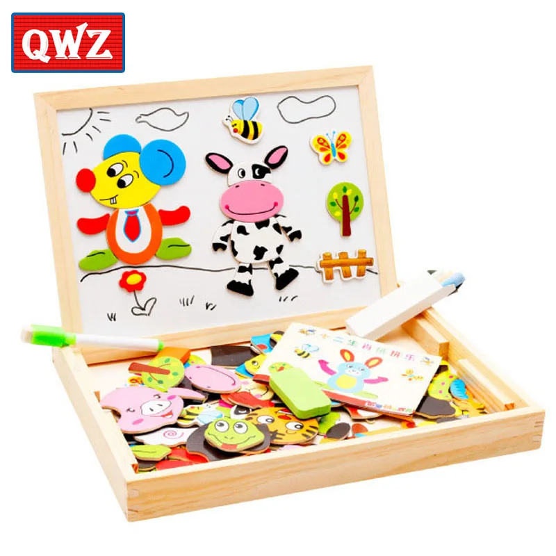 QWZ деревянные пазлы для детей Мультяшные животные многофункциональная магнитная головоломка доска для рисования Развивающие игрушки для детей Подарки - Цвет: QWZ091-12Zodiac-N