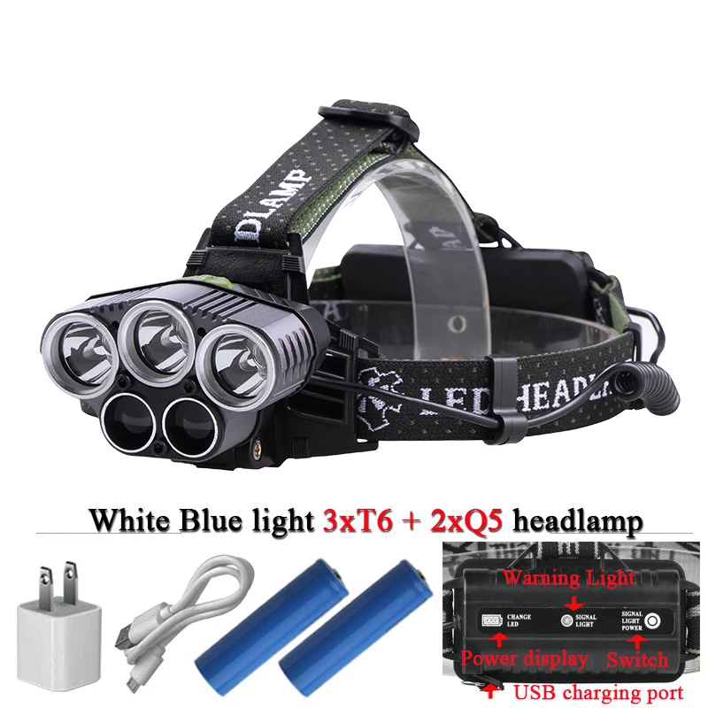 Двойной источник света сине-белые свет 5led фар cree xml t6 usb Фары Водонепроницаемый фонарик голову 18650 Рыбалка Фара